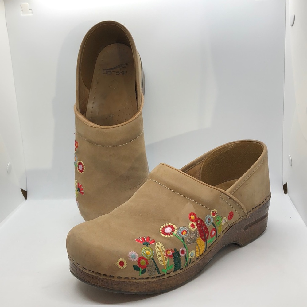 Dansko Tan Floral Embroidered Leather Clogs